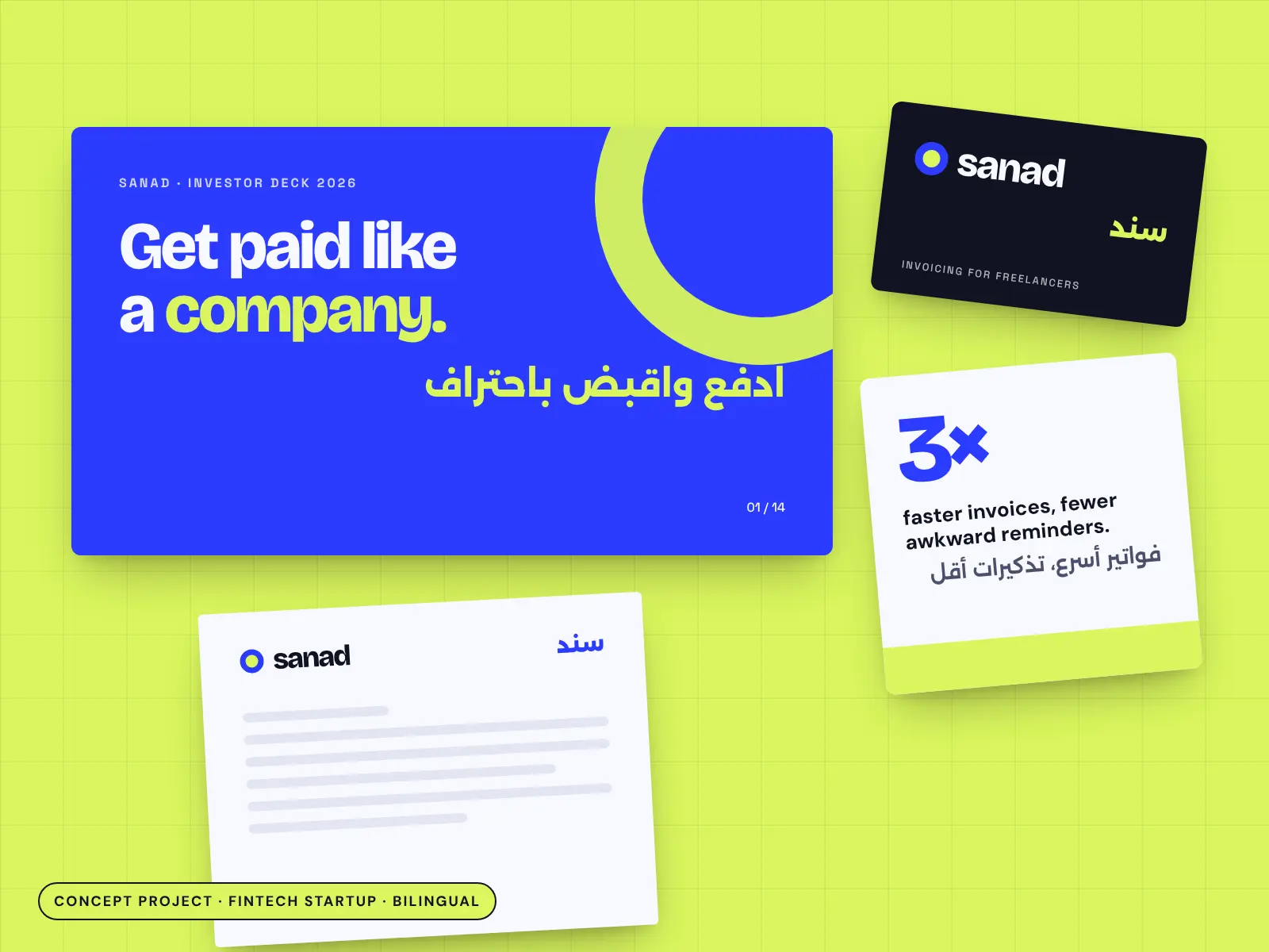Concept project: Sanad fintech pitch deck slide, business card, social post and letterhead