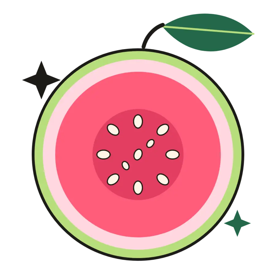 Illustrated guava half with seeds and a leaf